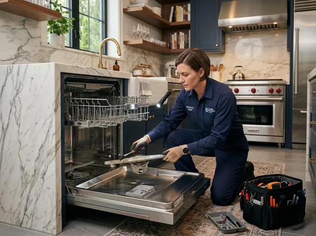 Appliance Repair Hero technician servicing a built-in dishwasher in a Braggs, OK kitchen
