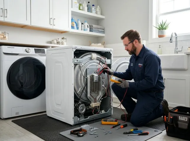 Appliance Repair Hero technician checking a dryer heating element with the rear panel off in Braggs, OK