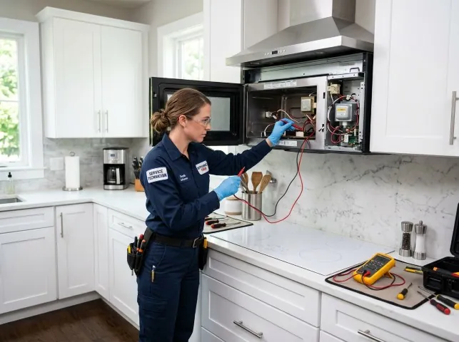 Appliance Repair Hero technician testing an over-the-range microwave in a Braggs, OK kitchen