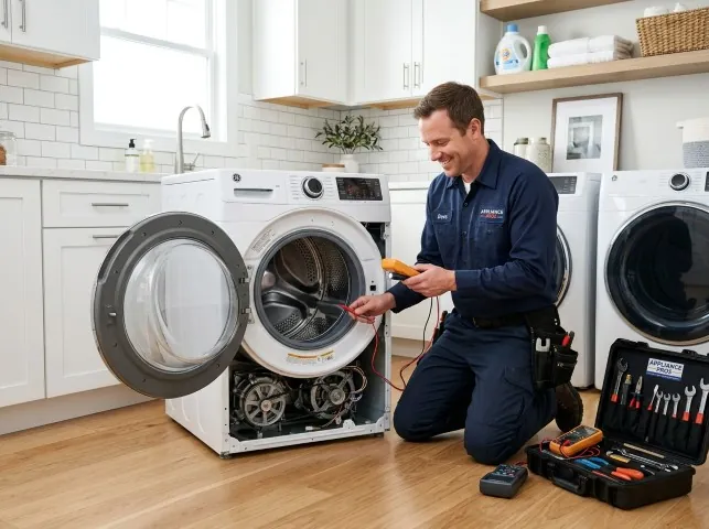 Appliance Repair Hero technician testing a front-load washer with a multimeter on a Braggs, OK service call